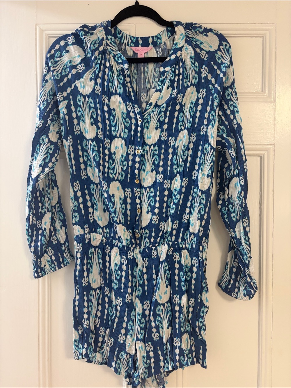 Lilly Pulitzer Navy, White & Aqua Patterned Button-Front Romper